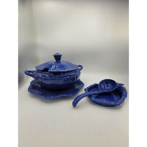 Vintage Studio Pottery Cobalt Blue Speckled Soup Tureen Set 5-Pc Handmade